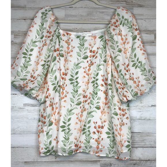 Cato Women Size XL Cream Peach Green Floral Square Neck Blouse Top Cottage Fairy - Picture 1 of 8